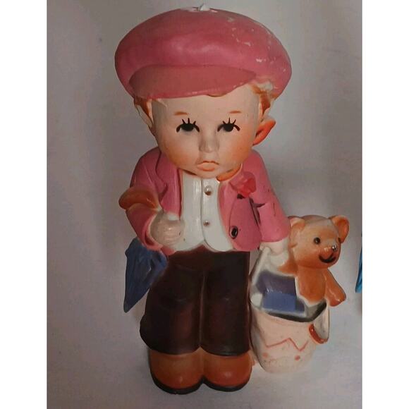 2 Vintage Plastic Boy Figurines Umbrella Bag with Teddy Bear Hong Kong - Picture 3 of 13